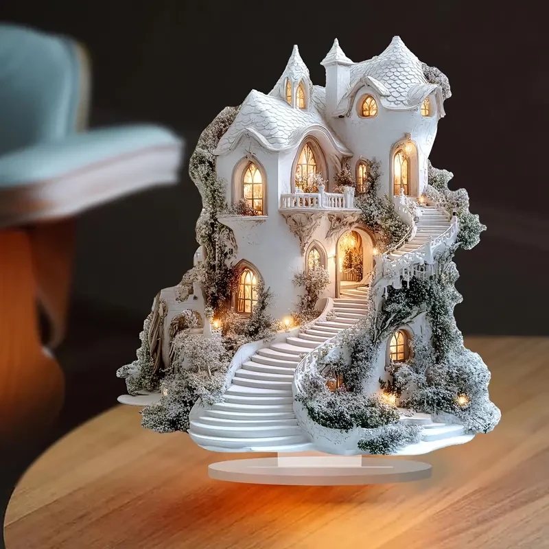 Encantadora casa de nieve blanca de invierno, decoración de mesa acrílica