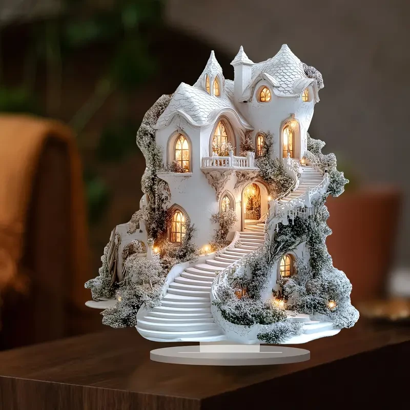 Encantadora casa de nieve blanca de invierno, decoración de mesa acrílica