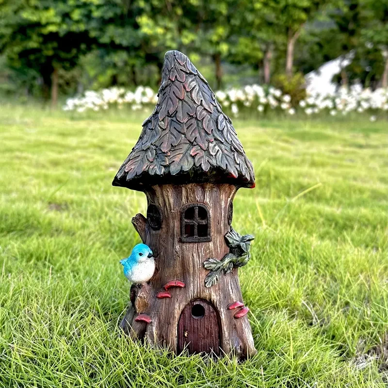 Estatua de pájaro de resina con luz solar para casa del árbol XXOASIS