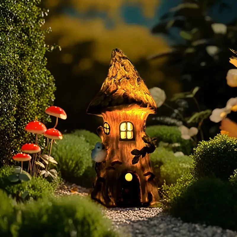 Estatua de pájaro de resina con luz solar para casa del árbol XXOASIS