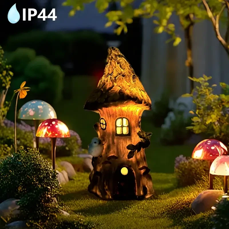 Estatua de pájaro de resina con luz solar para casa del árbol XXOASIS