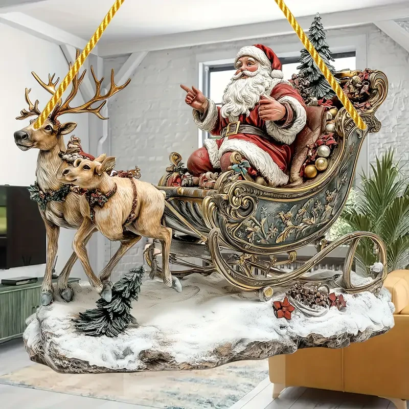 1 trineo navideño de acrílico estilo bohemio con Papá Noel y renos.