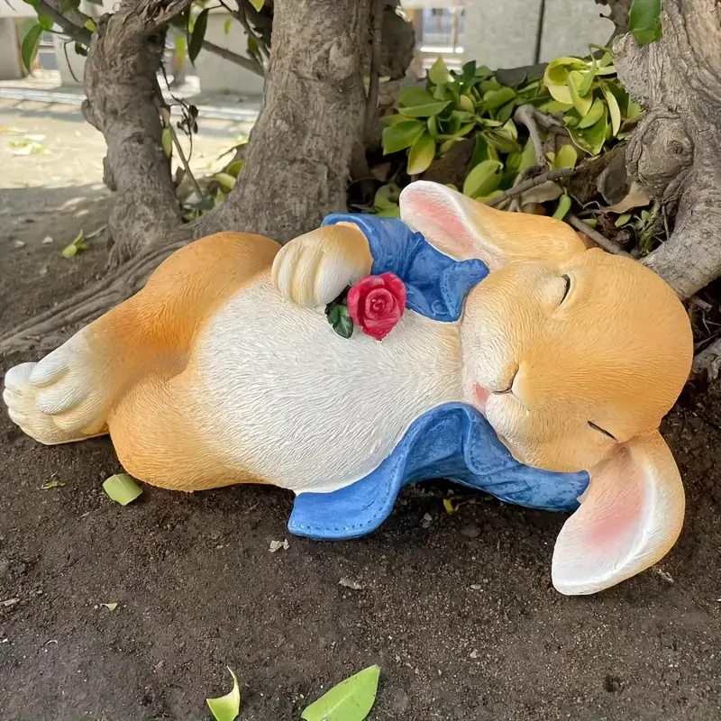 1 estatua de conejito durmiendo para jardín, escultura de resina de animal.