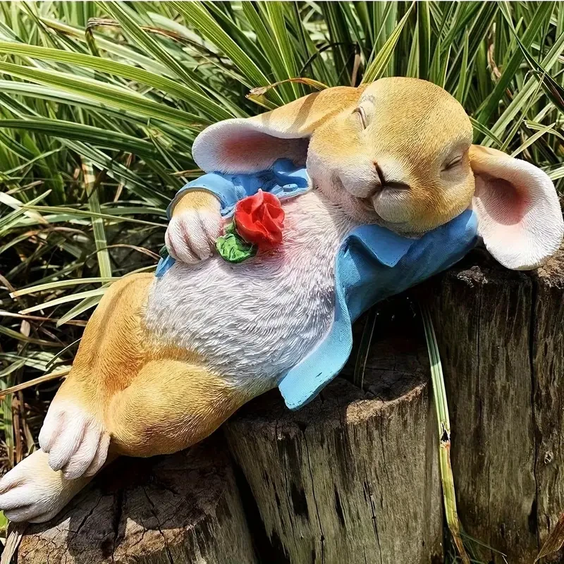 1 estatua de conejito durmiendo para jardín, escultura de resina de animal.