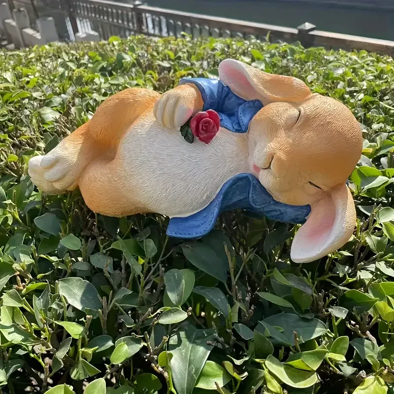 1 estatua de conejito durmiendo para jardín, escultura de resina de animal.