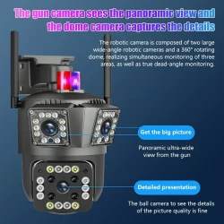 Cámara IP inalámbrica de 9 MP con WiFi 2.4G para exteriores e interiores, vigilancia doméstica, PTZ, 3 lentes, 3 pantallas, seguimiento automático, visión nocturna a todo color, audio bidireccional, zoom óptico de 10x, control remoto por aplicación y tarj