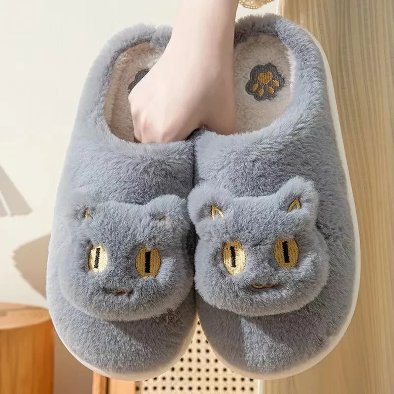 Pantuflas de gato de algodón, suaves, de felpa, cómodas y cálidas, para parejas, sin cordones, bonitas pantuflas con cara de gato para invierno
