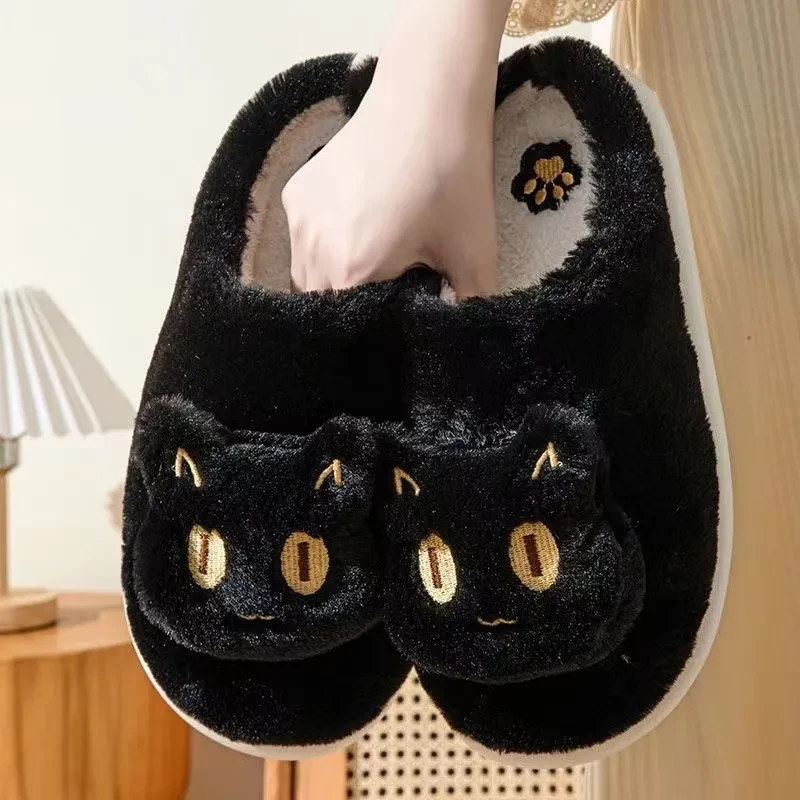 Pantuflas de gato de algodón, suaves, de felpa, cómodas y cálidas, para parejas, sin cordones, bonitas pantuflas con cara de gato para invierno