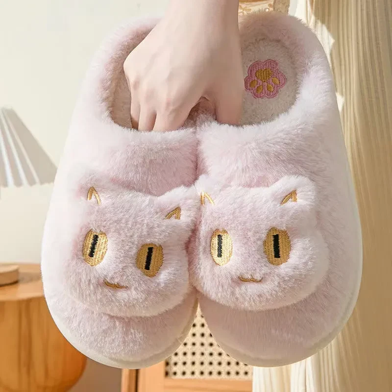 Pantuflas de gato de algodón, suaves, de felpa, cómodas y cálidas, para parejas, sin cordones, bonitas pantuflas con cara de gato para invierno