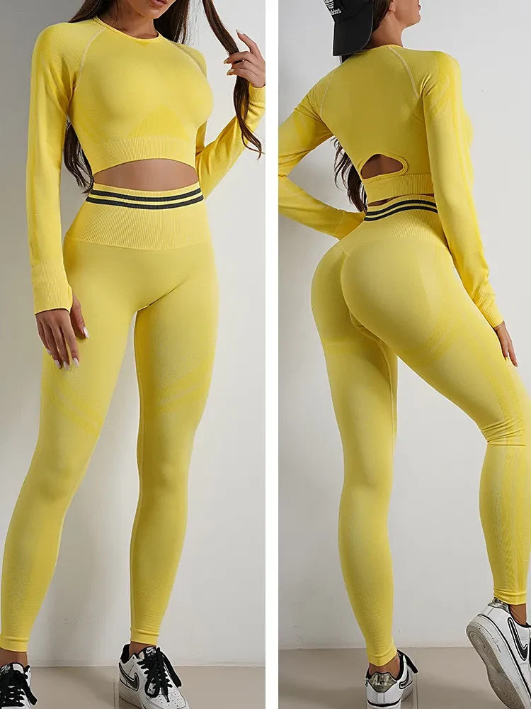 Pantalones de yoga sin costuras, mallas deportivas para gimnasio o camisetas de manga larga, conjuntos para levantar glúteos, ropa deportiva ajustada para entrenamiento