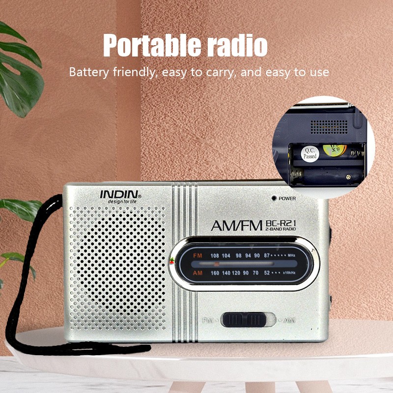 Receptor de radio AM/FM portátil BC-R21 con altavoz integrado y conector para auriculares de 3,5 mm