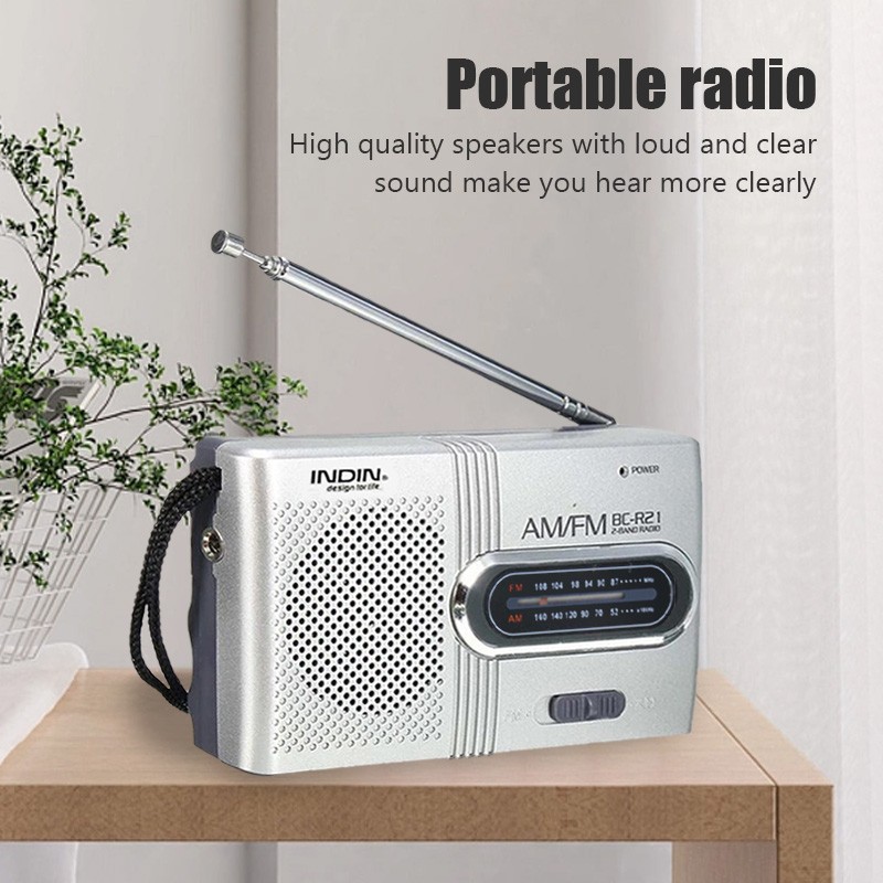 Receptor de radio AM/FM portátil BC-R21 con altavoz integrado y conector para auriculares de 3,5 mm