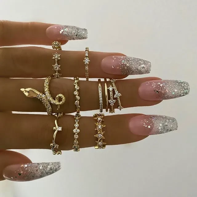 Leaf Crown Geometric Articulation Rings 6 Piece Combination Rings