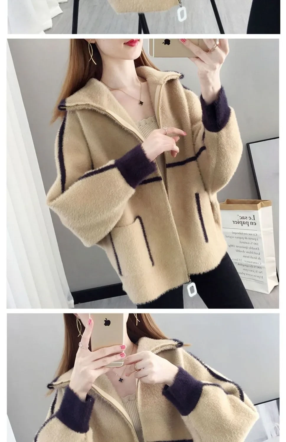 Lapel Zipper Wool Cardigan Coat For Women