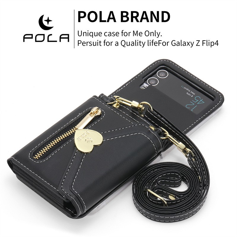 Folding Leather Case Metal Heart Large Capacity Zipper Phone Case