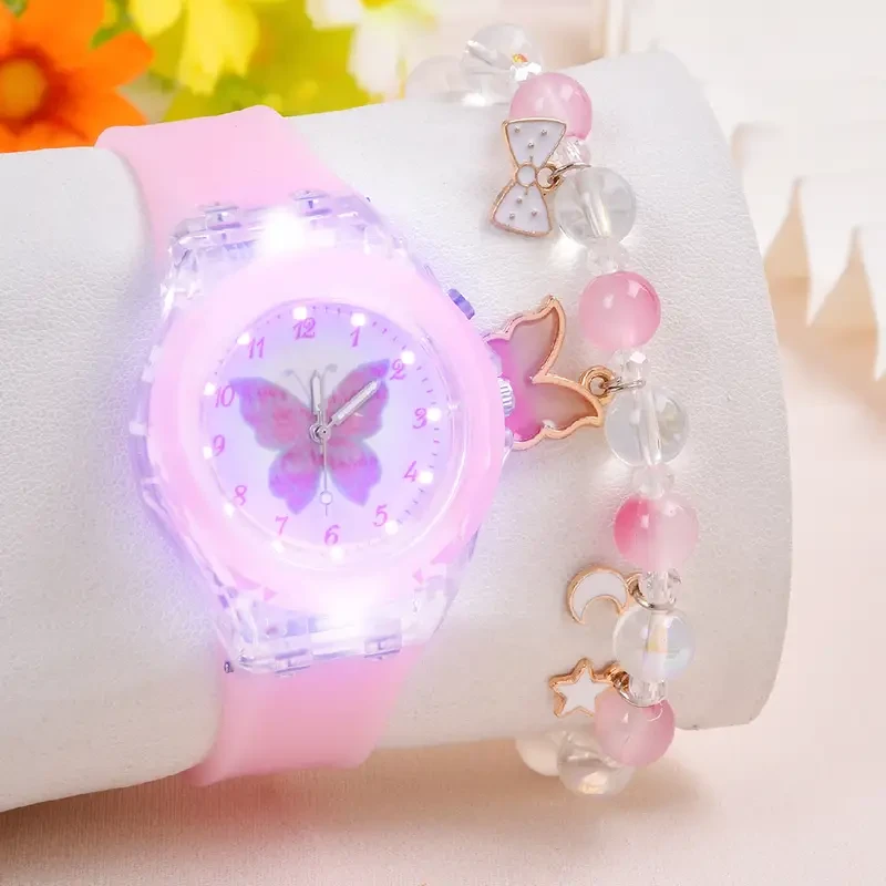 Juego de 2 relojes y pulseras con diseño de mariposas de dibujos animados