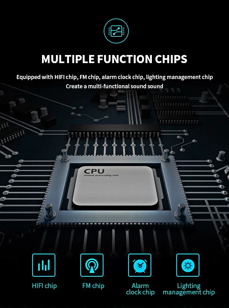 Luces de colores, altavoces duales, botones digitales,