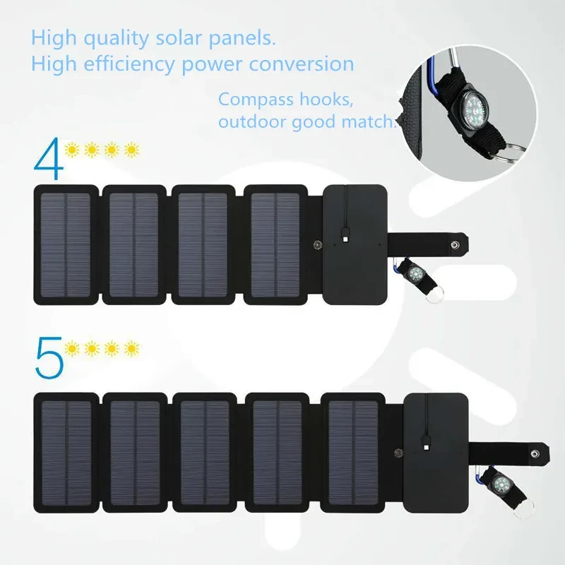 Cargador solar portátil plegable para exteriores, 5 V, 2,1 A, USB