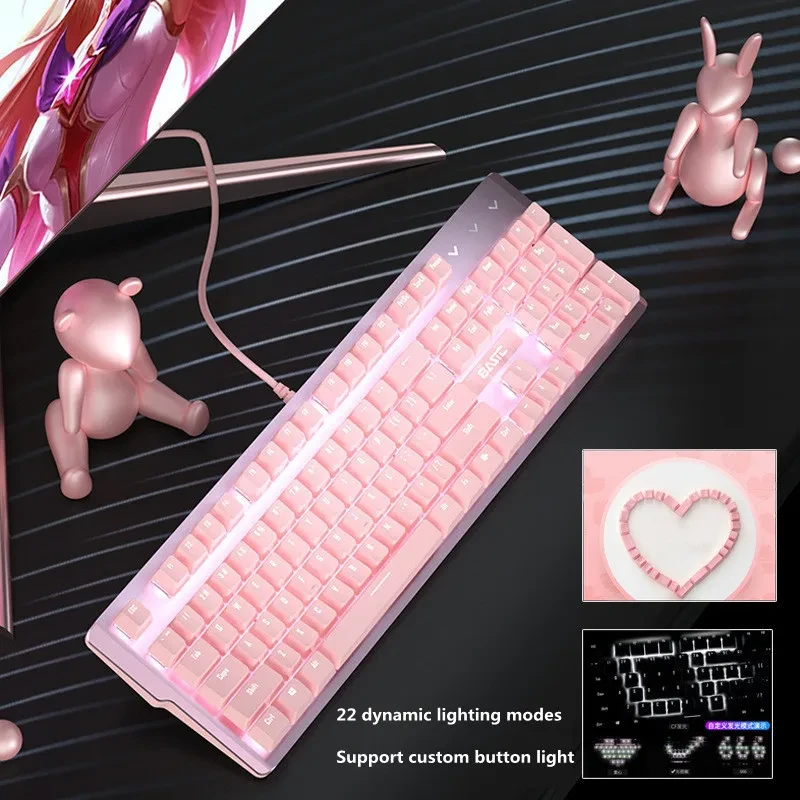 Teclado y ratón mecánicos rosas para niñas, juegos de deportes electrónicos, con cable, eje verde y eje rojo.