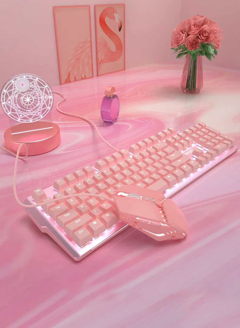 Teclado y ratón mecánicos rosas auténticos para niñas, bonitos juegos de juegos dedicados con cable, eje verde, eje rojo, corazón de niña, cuaderno luminoso con cable.