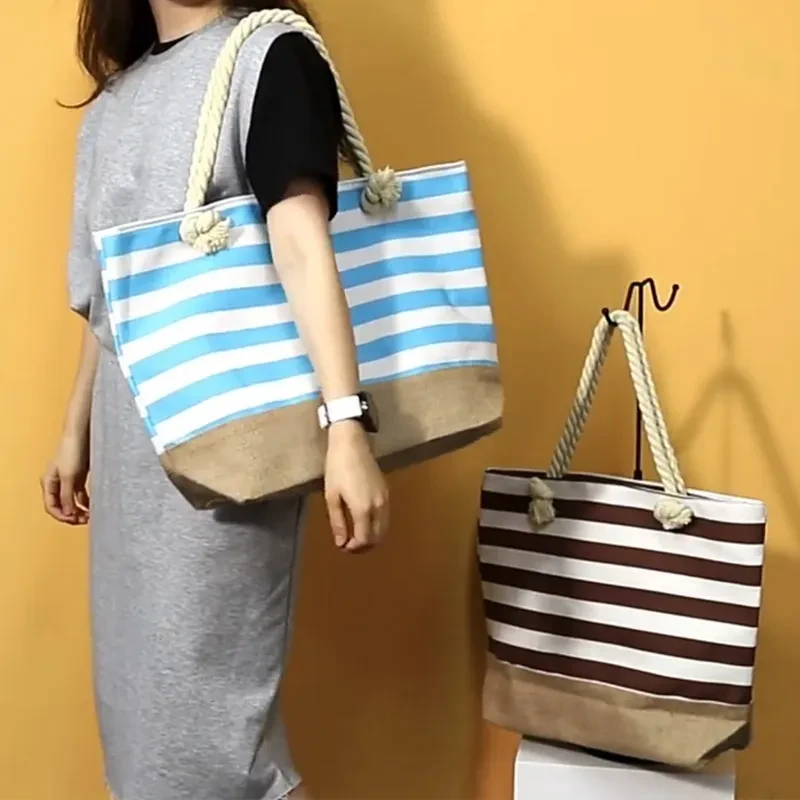 Bolso de playa a rayas, informal, de gran capacidad, para mujer