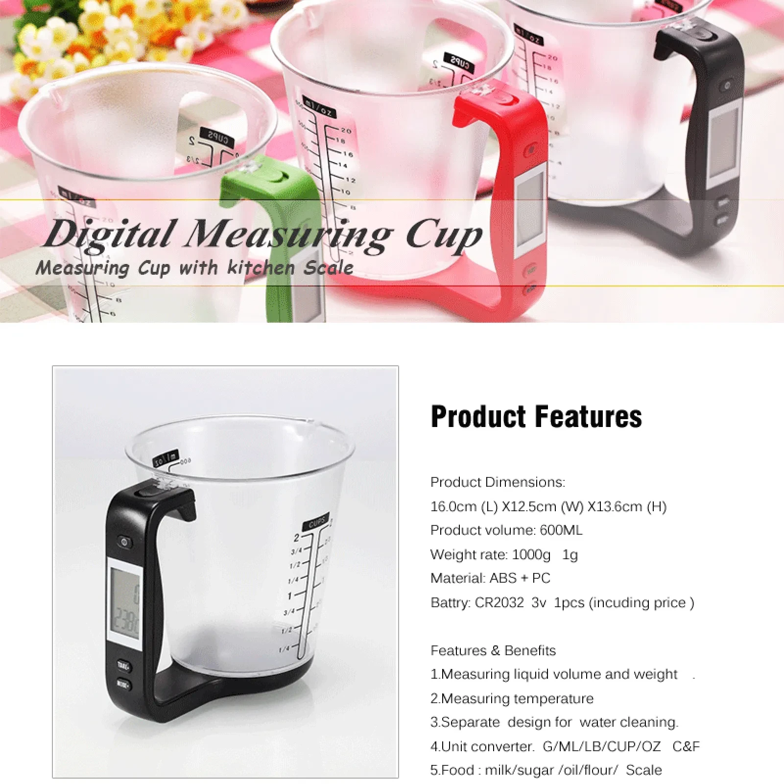 Báscula de cocina con pantalla LCD, vaso medidor digital, herramienta electrónica, taza medidora Hostweigh, tazas medidoras de temperatura y peso.