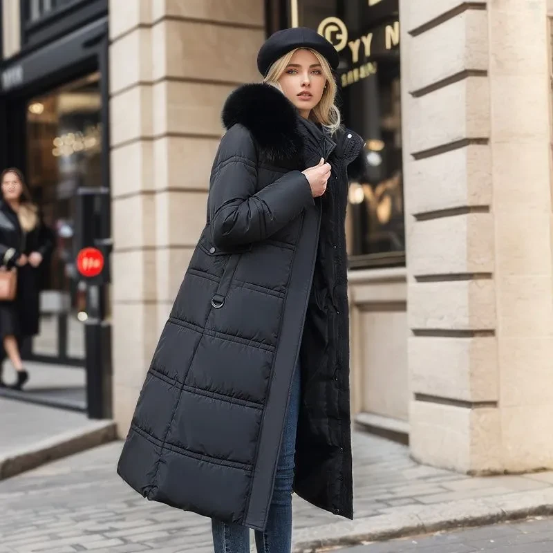 Chaqueta larga ajustada de invierno con capucha de piel y cinturón, abrigo de moda con capucha lisa, ropa cálida para mujer