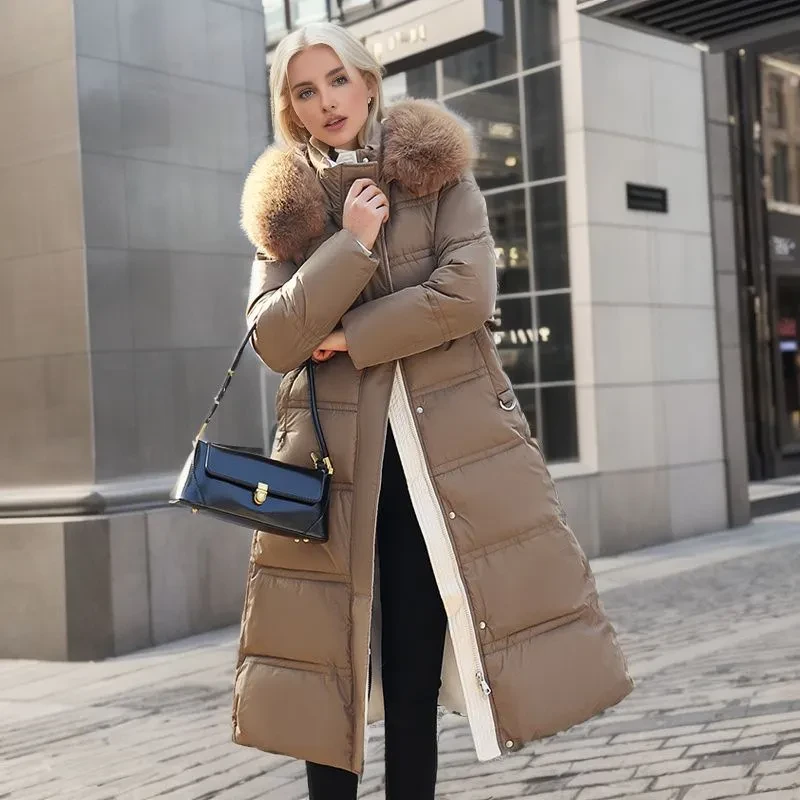 Chaqueta larga ajustada de invierno con capucha de piel y cinturón, abrigo de moda con capucha lisa, ropa cálida para mujer