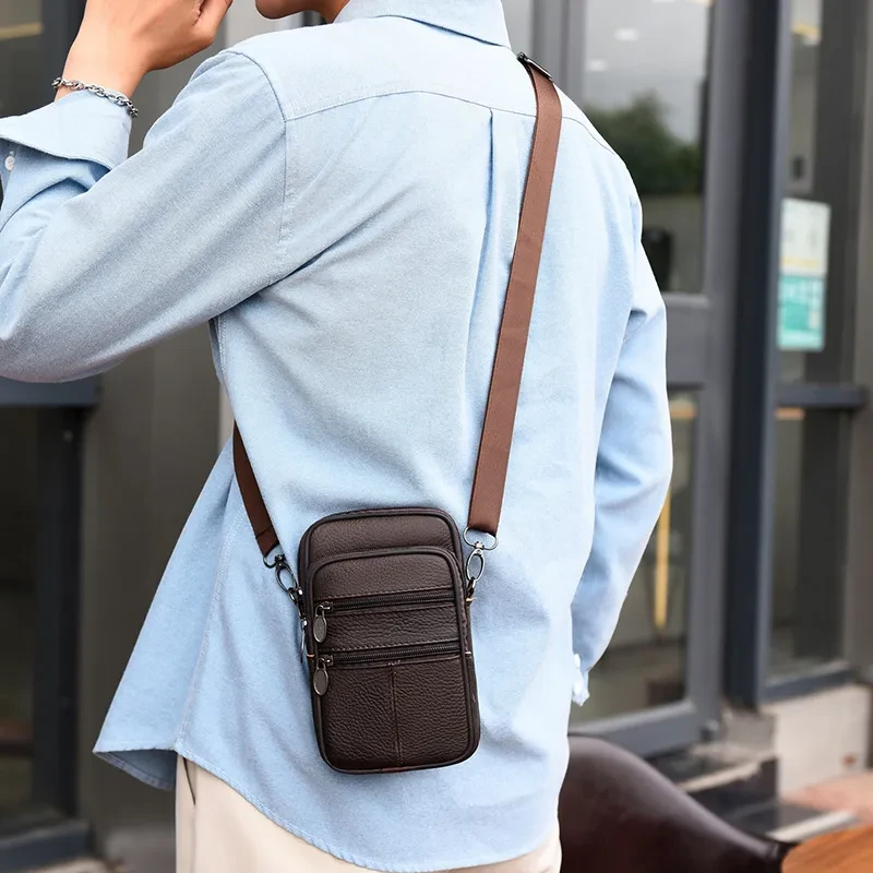 Bolso bandolera informal multifuncional para teléfono móvil de piel de vaca auténtica, tamaño pequeño