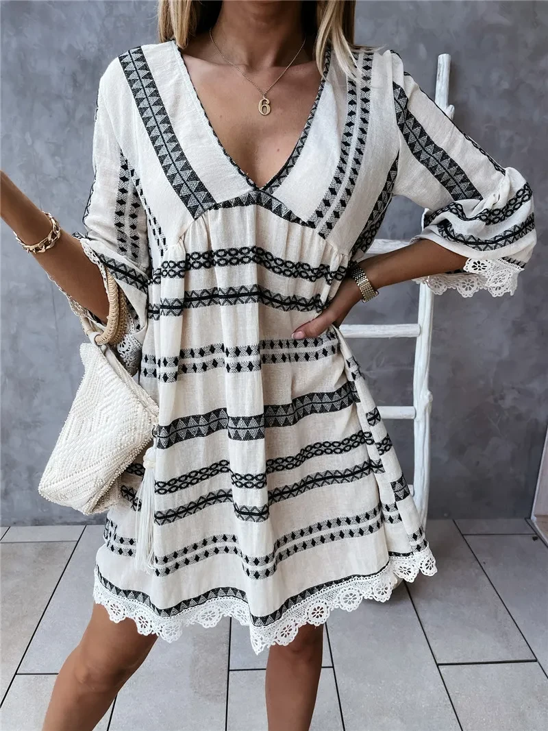 Vestido de manga larga con estampado geométrico, cuello en V, puños de encaje y costuras sueltas para mujer