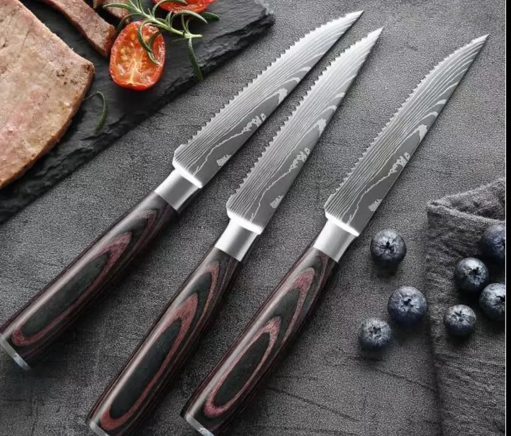 Cuchillo para carne con mango de madera de color, acero inoxidable, para cocina occidental
