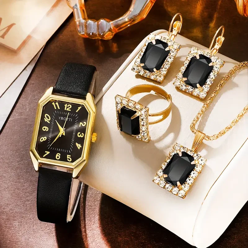 Reloj de cuarzo rectangular retro para mujer y conjunto de joyas