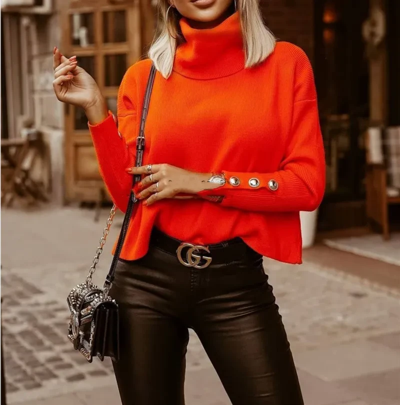 Suéter de cuello alto de color liso para mujer, tops de invierno de moda