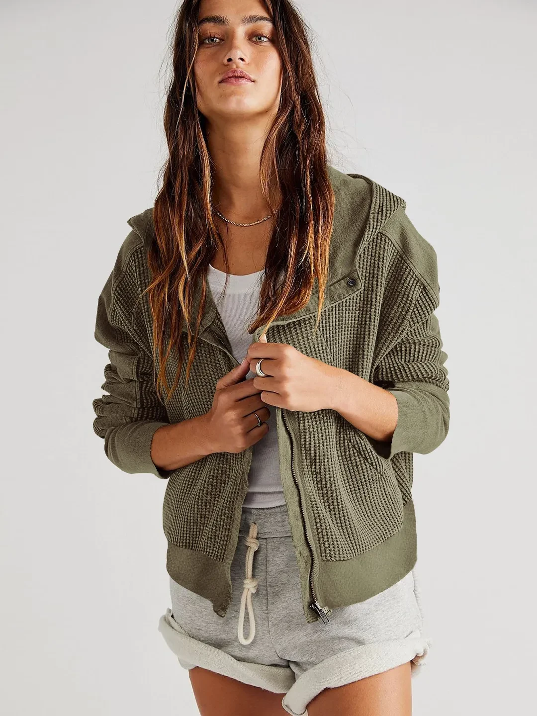 Sudadera con capucha de moda para mujer, chaqueta con cremallera, suéter corto, tops