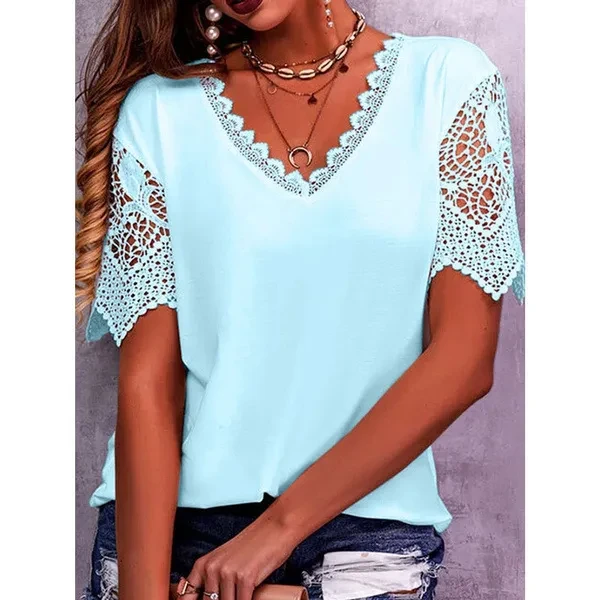 Tops de encaje para mujer, camisas casuales holgadas de verano con cuello en V y manga corta