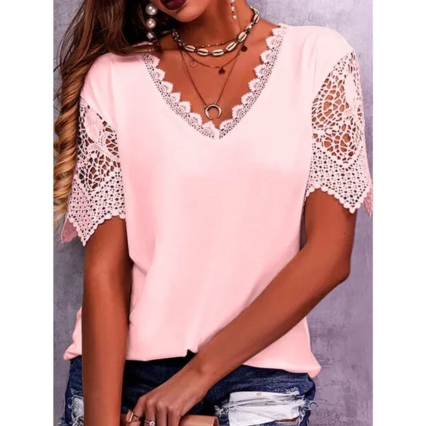 Tops de encaje para mujer, camisas casuales holgadas de verano con cuello en V y manga corta