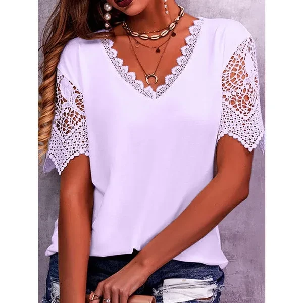Tops de encaje para mujer, camisas casuales holgadas de verano con cuello en V y manga corta