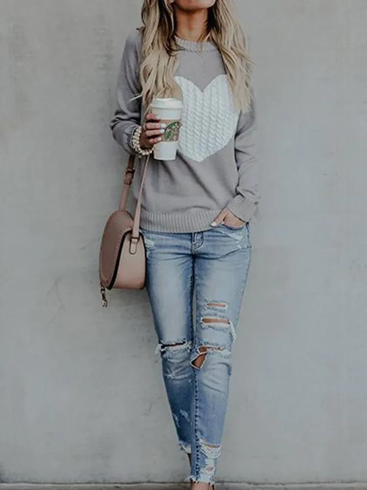Suéteres de otoño e invierno para mujer, blusas de manga larga con estampado de corazón y cuello redondo, suéteres encantadores de punto sueltos, blusas