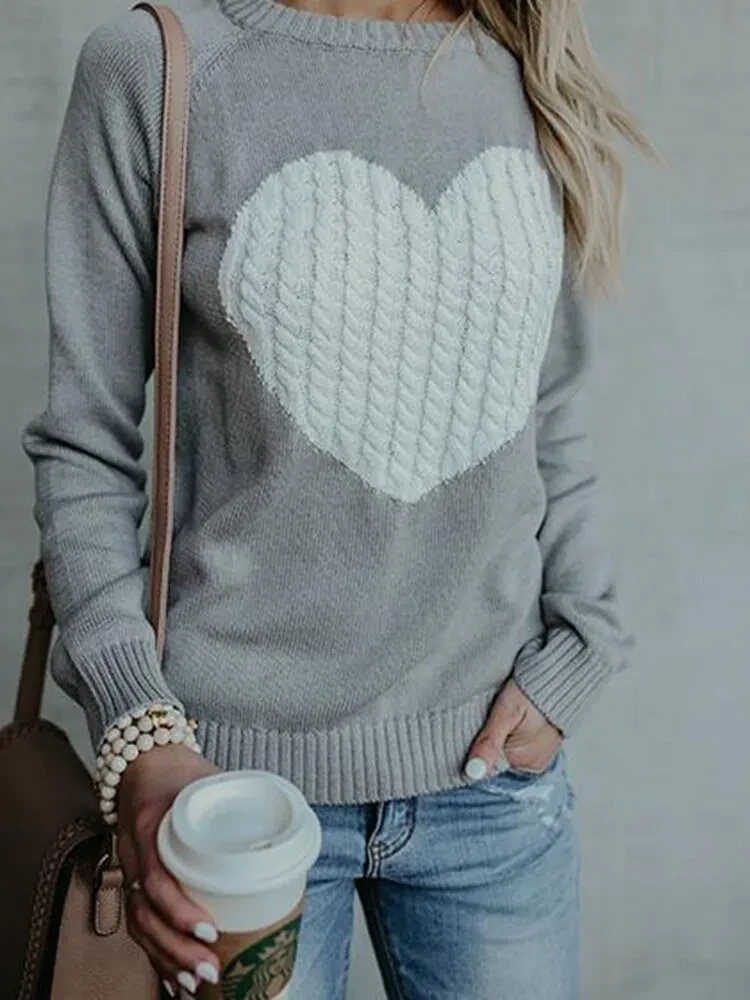 Suéteres de otoño e invierno para mujer, blusas de manga larga con estampado de corazón y cuello redondo, suéteres encantadores de punto sueltos, blusas