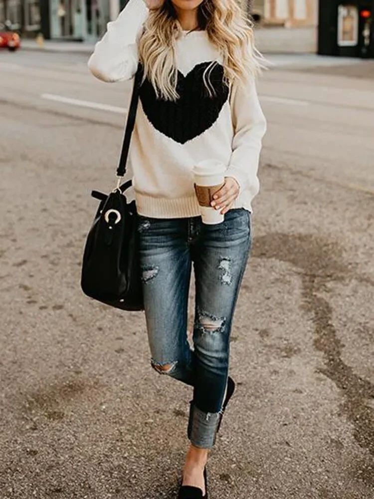 Suéteres de otoño e invierno para mujer, blusas de manga larga con estampado de corazón y cuello redondo, suéteres encantadores de punto sueltos, blusas
