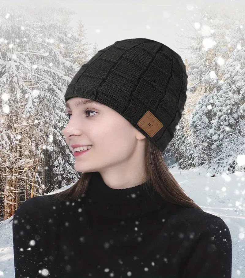 Gorro de punto inalámbrico para exteriores, ideal como regalo de Navidad, con aislamiento de terciopelo y auriculares grandes a cuadros para música y nieve.