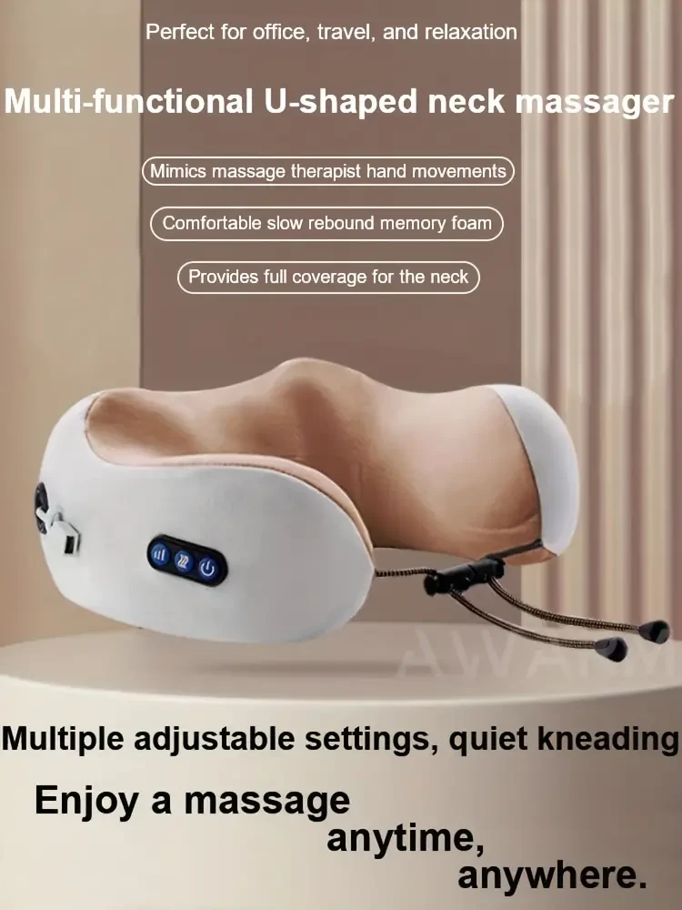 Masajeador eléctrico de cuello, almohada de masaje en forma de U, masajeador cervical y de cuello con esponja viscoelástica duradera, almohada de masaje con calor, amasamiento de tejido profundo para relajarse, avión, coche, viajes, oficina, hogar, regalo