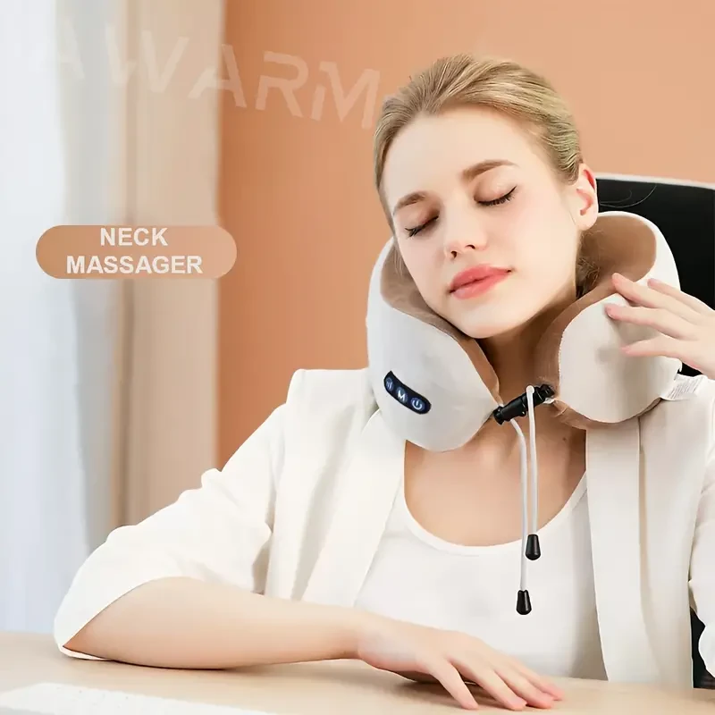 Masajeador eléctrico de cuello, almohada de masaje en forma de U, masajeador cervical y de cuello con esponja viscoelástica duradera, almohada de masaje con calor, amasamiento de tejido profundo para relajarse, avión, coche, viajes, oficina, hogar, regalo