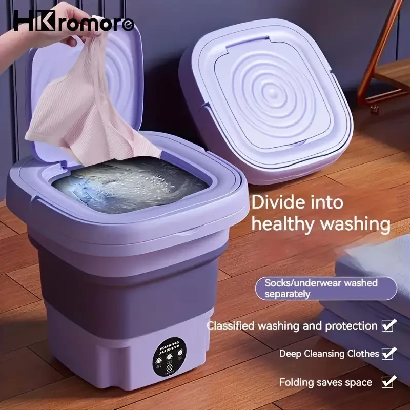Lavadora portátil plegable HKromore de 8 l con cubeta plegable, 3 modos de esterilización eficaz, ideal para apartamentos, lavandería, camping, autocaravanas, viajes y para lavar ropa interior, sujetadores y calcetines.