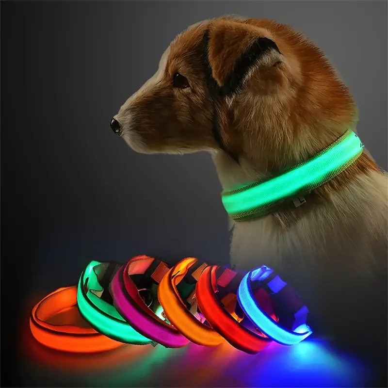 Collar LED que brilla en la oscuridad para perros pequeños y medianos. Mantén a tu mascota segura y visible durante los paseos nocturnos.