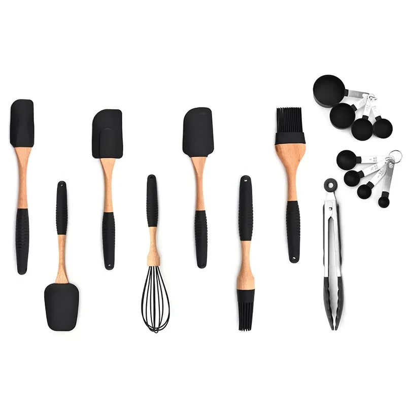 Utensilios de cocina para hornear con mango de madera y silicona para almacenar utensilios de cocina