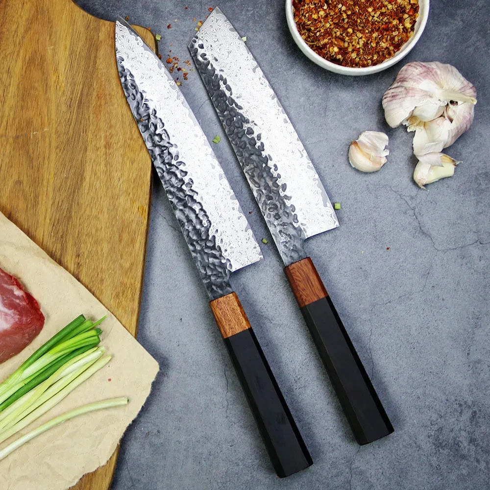 Cuchillo de cocina de acero inoxidable de Damasco martillado y forjado