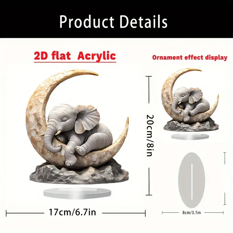 Estatua de elefante acrílico estilo bohemio con cresta lunar, 20,32 cm x 17,78 cm