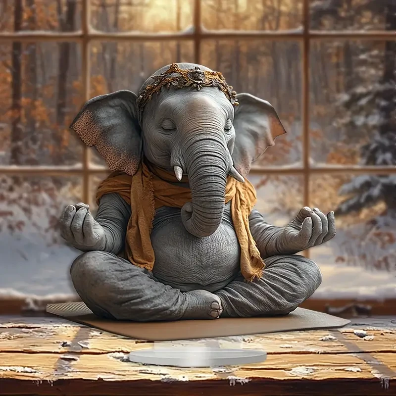 Estatua de meditación de elefante, soporte de exhibición de escritorio acrílico de 25 x 20 cm, estilo bohemio, decoración multiusos para el hogar y la oficina, regalo perfecto de Navidad, sin texto, para sala de estar, cocina y porche.