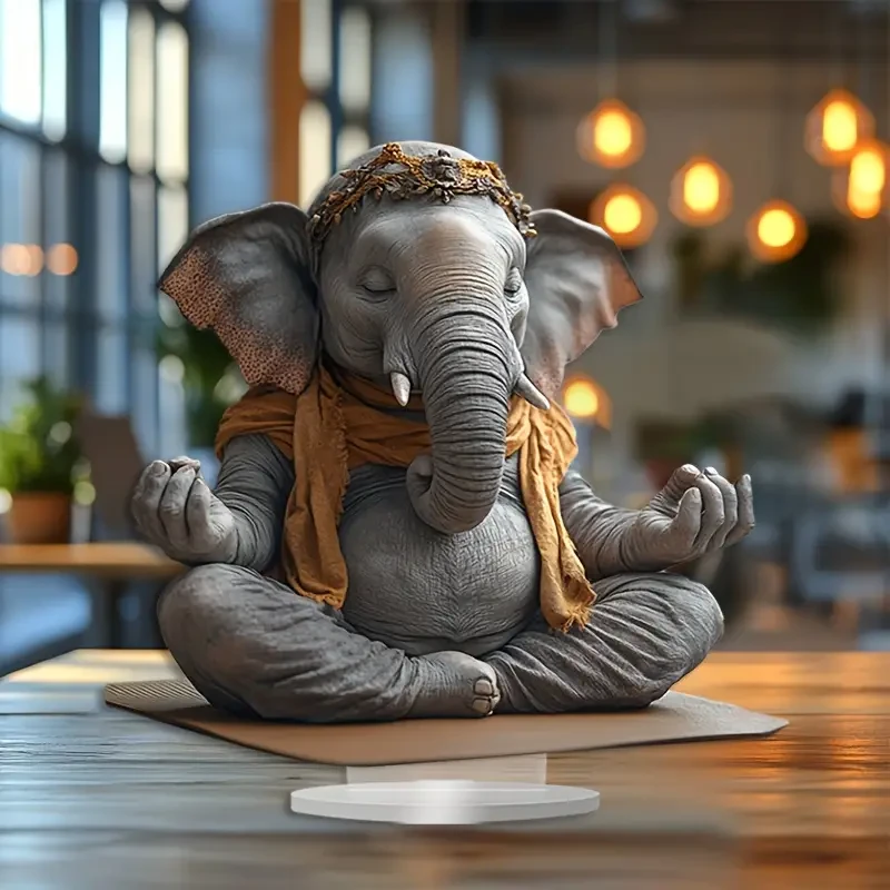 Estatua de meditación de elefante, soporte de exhibición de escritorio acrílico de 25 x 20 cm, estilo bohemio, decoración multiusos para el hogar y la oficina, regalo perfecto de Navidad, sin texto, para sala de estar, cocina y porche.